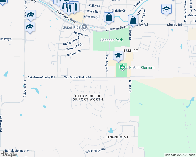 map of restaurants, bars, coffee shops, grocery stores, and more near 500 Oak Grove-Shelby Road in Everman