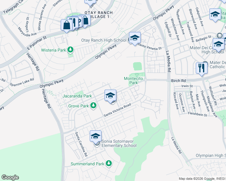 map of restaurants, bars, coffee shops, grocery stores, and more near 1454 Pershing Road in Chula Vista