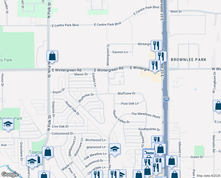 map of restaurants, bars, coffee shops, grocery stores, and more near 1101 Bluffview Dr in DeSoto