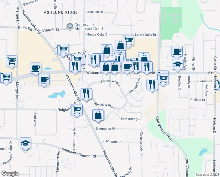 map of restaurants, bars, coffee shops, grocery stores, and more near 100 Robins West Parkway in Warner Robins