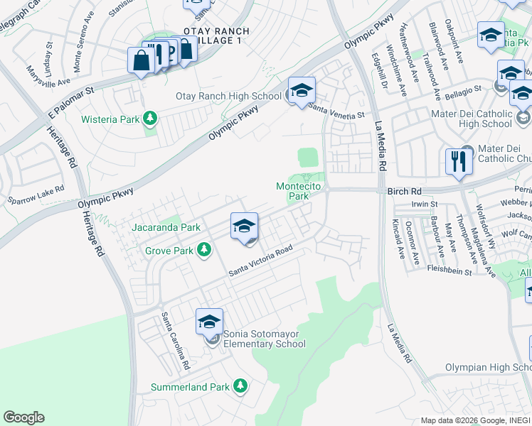 map of restaurants, bars, coffee shops, grocery stores, and more near 1426 Santa Diana Road in Chula Vista