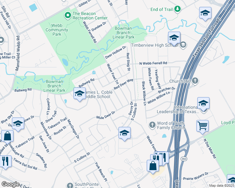 map of restaurants, bars, coffee shops, grocery stores, and more near 7707 Grey Goose Trail in Arlington