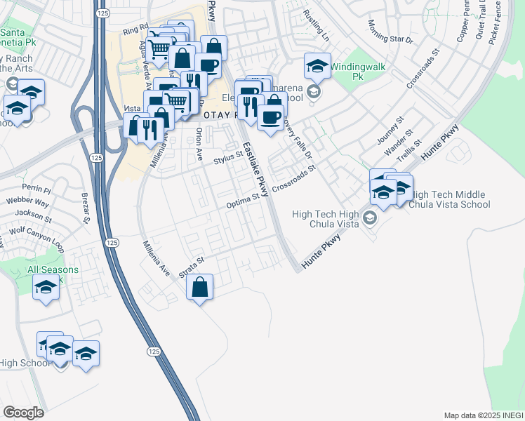map of restaurants, bars, coffee shops, grocery stores, and more near Eastlake Parkway in Chula Vista