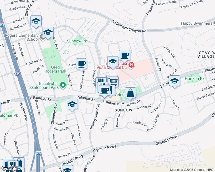 map of restaurants, bars, coffee shops, grocery stores, and more near 659 East Palomar Street in Chula Vista