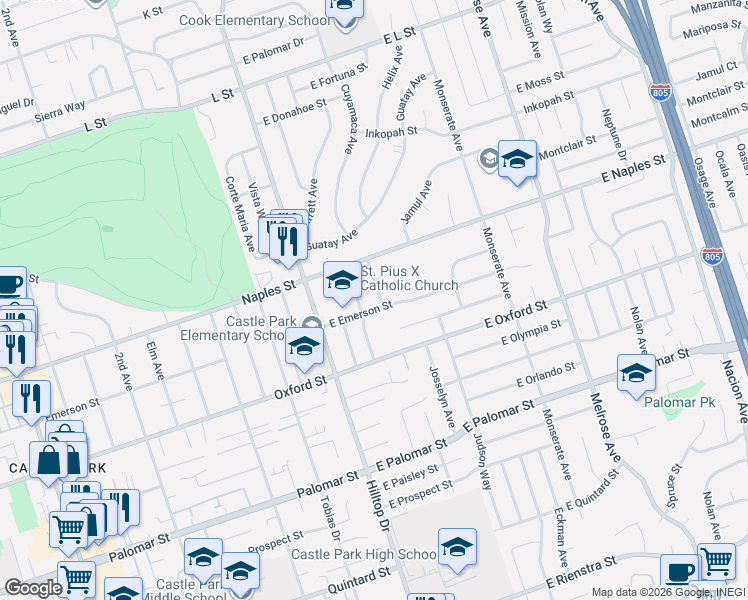 map of restaurants, bars, coffee shops, grocery stores, and more near 54 East Emerson Street in Chula Vista