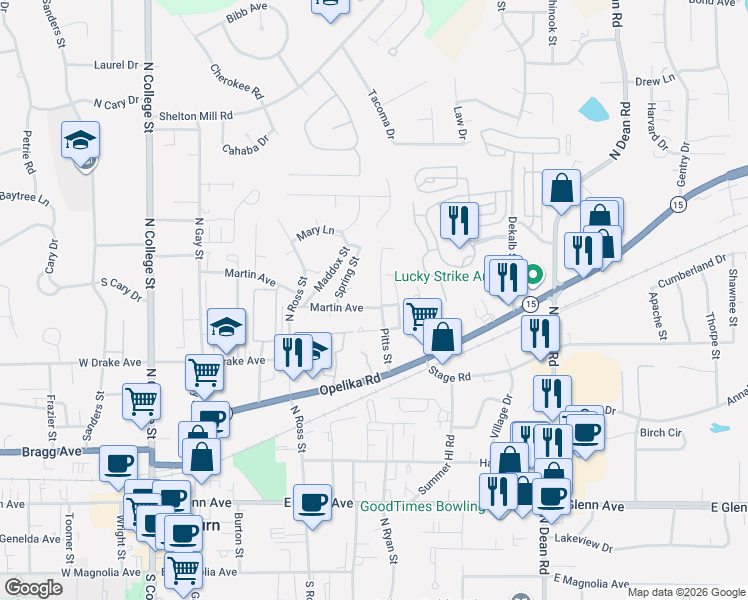 map of restaurants, bars, coffee shops, grocery stores, and more near 562 Pitts Street in Auburn