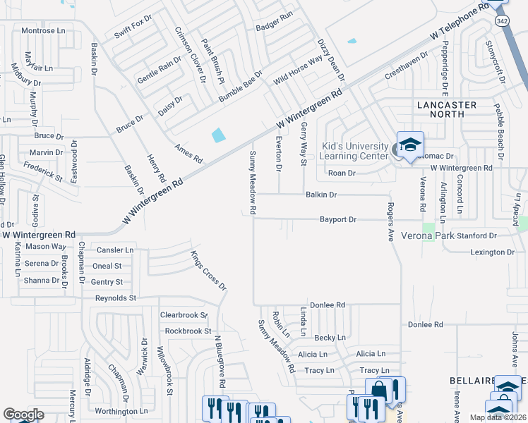 map of restaurants, bars, coffee shops, grocery stores, and more near 1116 Bayport Drive in Lancaster