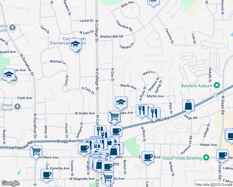 map of restaurants, bars, coffee shops, grocery stores, and more near 560 North Gay Street in Auburn