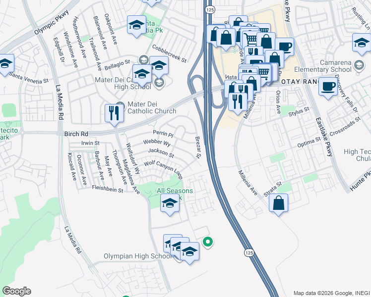 map of restaurants, bars, coffee shops, grocery stores, and more near 1823 Webber Way in Chula Vista