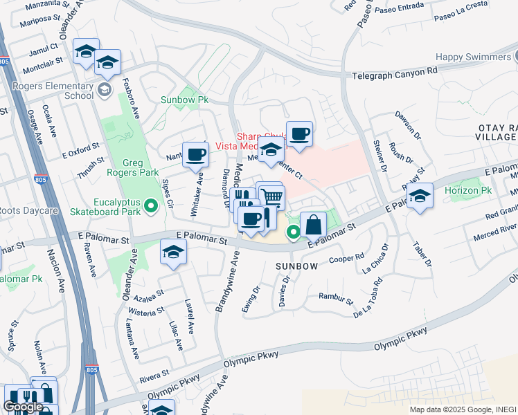 map of restaurants, bars, coffee shops, grocery stores, and more near 1301 Medical Center Drive in Chula Vista
