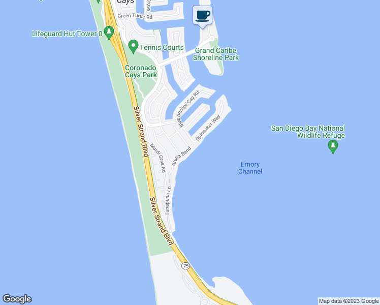 map of restaurants, bars, coffee shops, grocery stores, and more near 15 Aruba Bend in Coronado