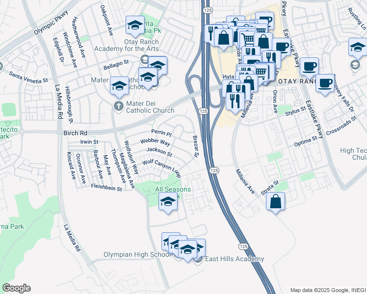 map of restaurants, bars, coffee shops, grocery stores, and more near 1823 Webber Way in Chula Vista