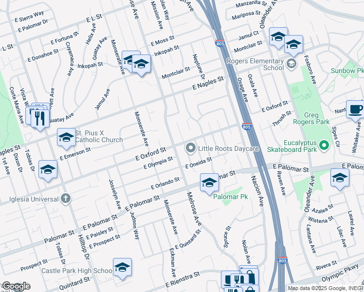 map of restaurants, bars, coffee shops, grocery stores, and more near 1202 Monterey Avenue in Chula Vista