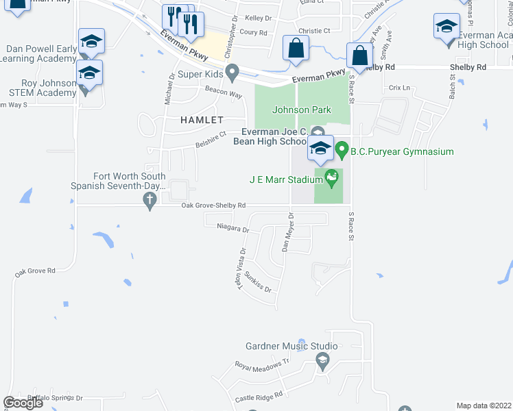 map of restaurants, bars, coffee shops, grocery stores, and more near 2100 Oak Grove-Shelby Road in Fort Worth