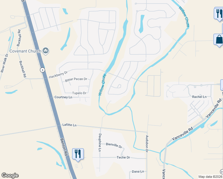 map of restaurants, bars, coffee shops, grocery stores, and more near 129 Dauphine Lane in Bossier City