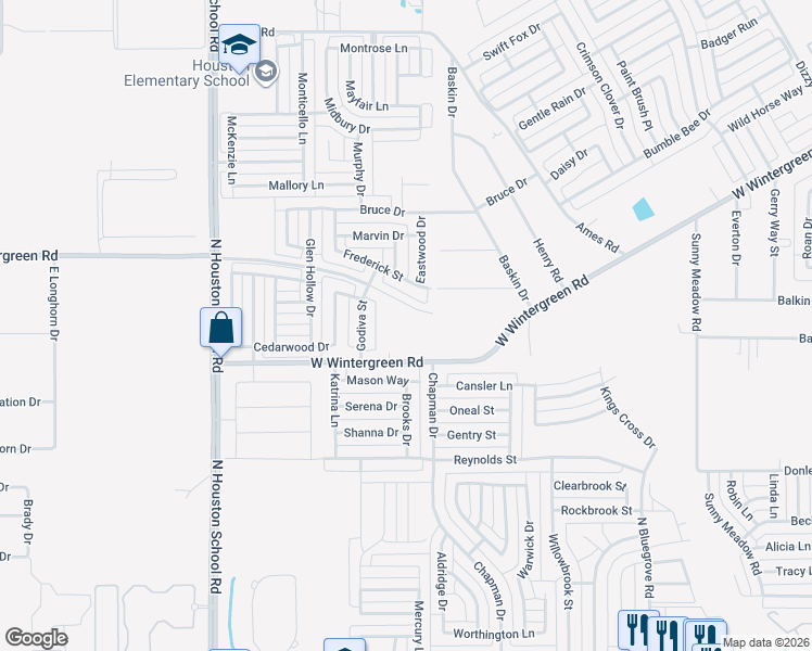 map of restaurants, bars, coffee shops, grocery stores, and more near 1875 West Wintergreen Road in Lancaster