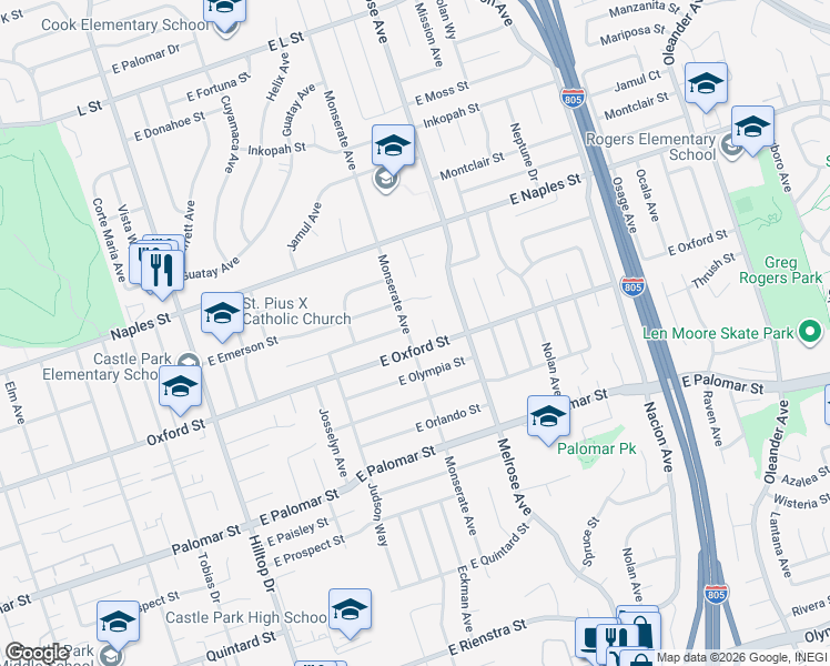 map of restaurants, bars, coffee shops, grocery stores, and more near 1185 Monserate Avenue in Chula Vista