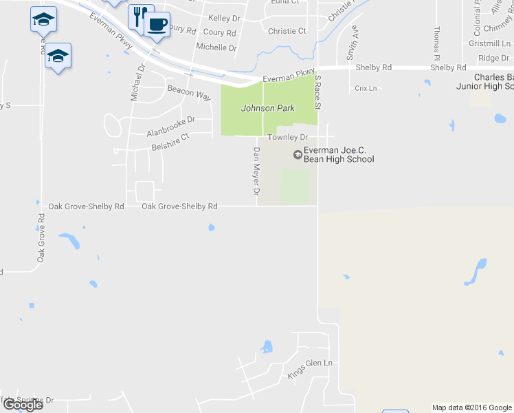 map of restaurants, bars, coffee shops, grocery stores, and more near Oak Grove-Shelby Road in Everman