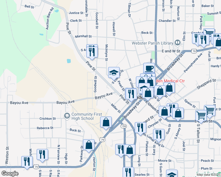 map of restaurants, bars, coffee shops, grocery stores, and more near Bayou Avenue in Minden
