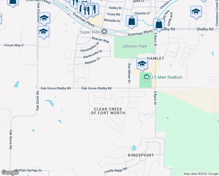 map of restaurants, bars, coffee shops, grocery stores, and more near 2066 Oak Grove-Shelby Road in Everman