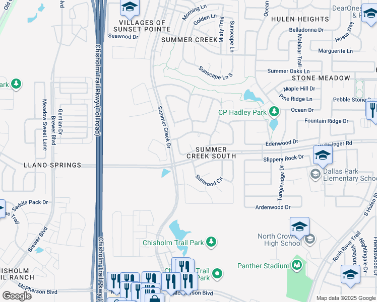 map of restaurants, bars, coffee shops, grocery stores, and more near 5217 Cedar Brush Drive in Fort Worth