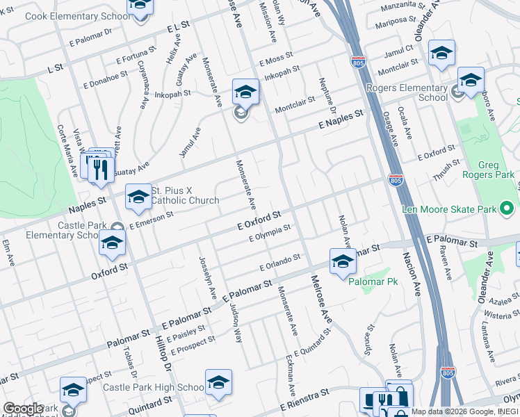 map of restaurants, bars, coffee shops, grocery stores, and more near 1185 Monserate Avenue in Chula Vista
