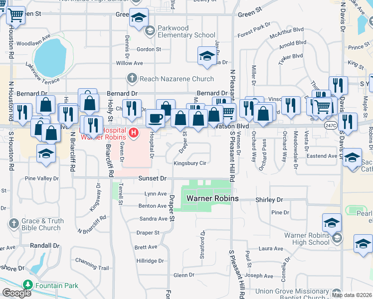 map of restaurants, bars, coffee shops, grocery stores, and more near 72 Draper Street in Warner Robins