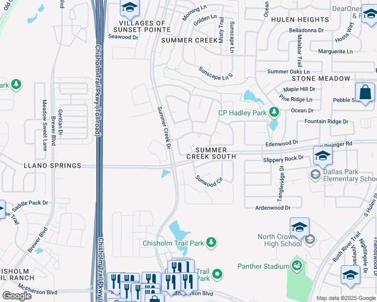 map of restaurants, bars, coffee shops, grocery stores, and more near 5217 Cedar Brush Drive in Fort Worth