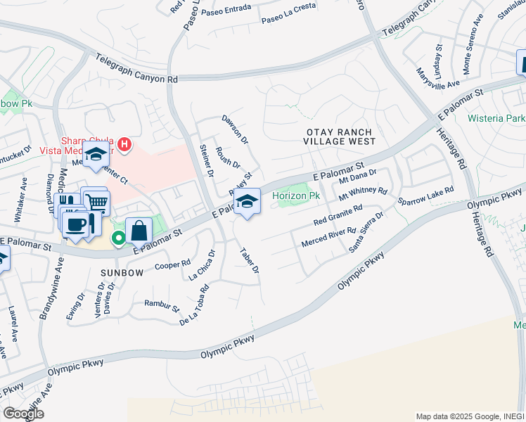 map of restaurants, bars, coffee shops, grocery stores, and more near 930 East Palomar Street in Chula Vista