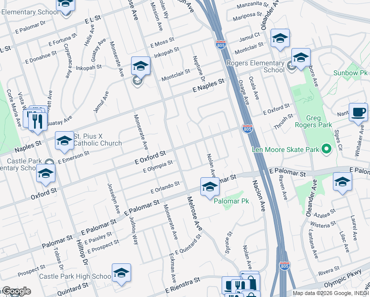 map of restaurants, bars, coffee shops, grocery stores, and more near 1202 Monterey Avenue in Chula Vista