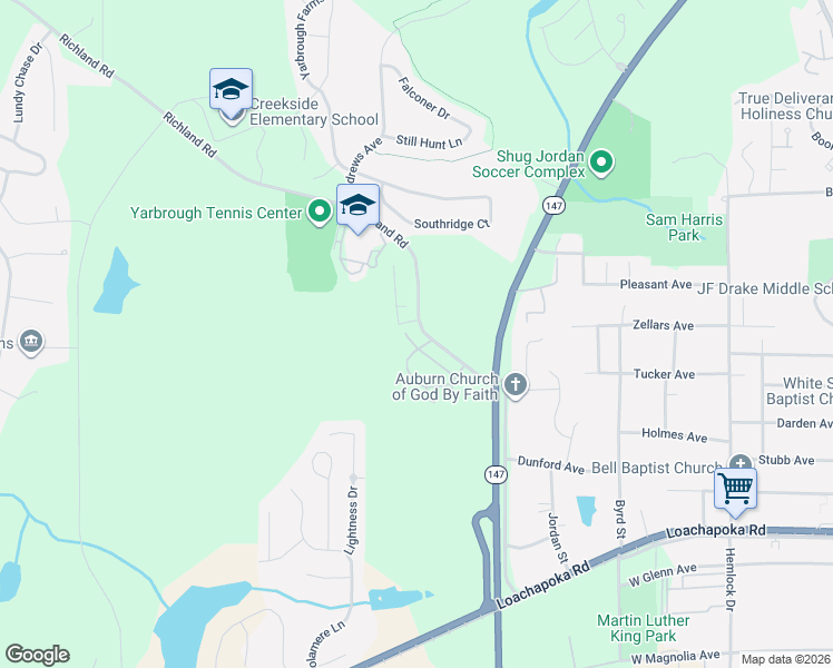 map of restaurants, bars, coffee shops, grocery stores, and more near 4985 Richland Road in Auburn