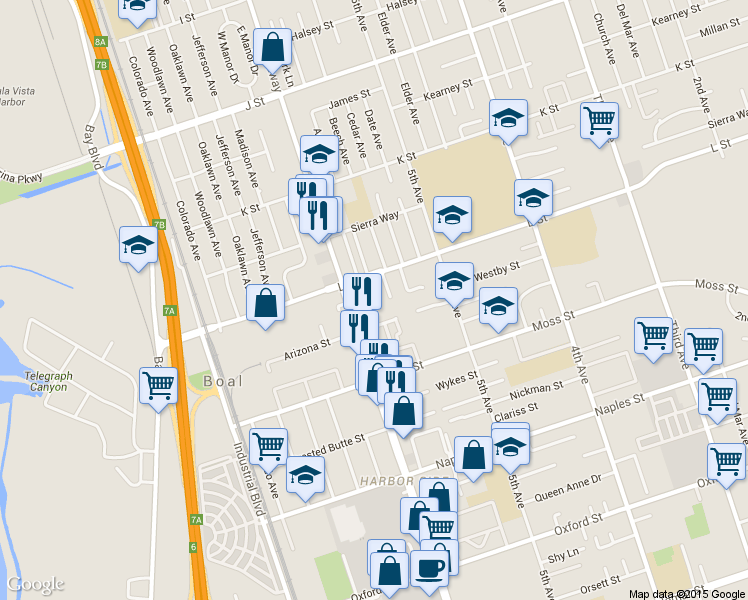 map of restaurants, bars, coffee shops, grocery stores, and more near 581 Arizona Street in Chula Vista