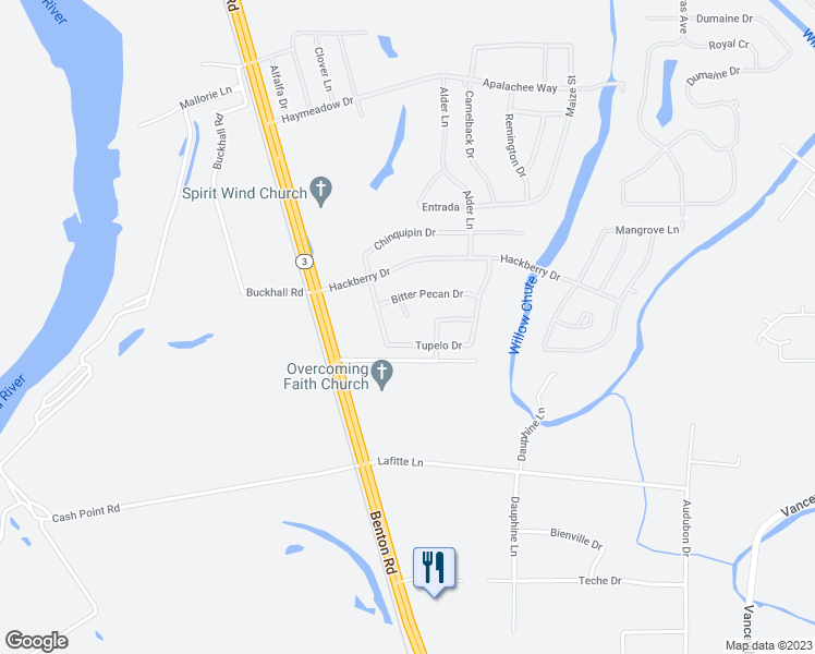 map of restaurants, bars, coffee shops, grocery stores, and more near 108 Button Willow Drive in Bossier City