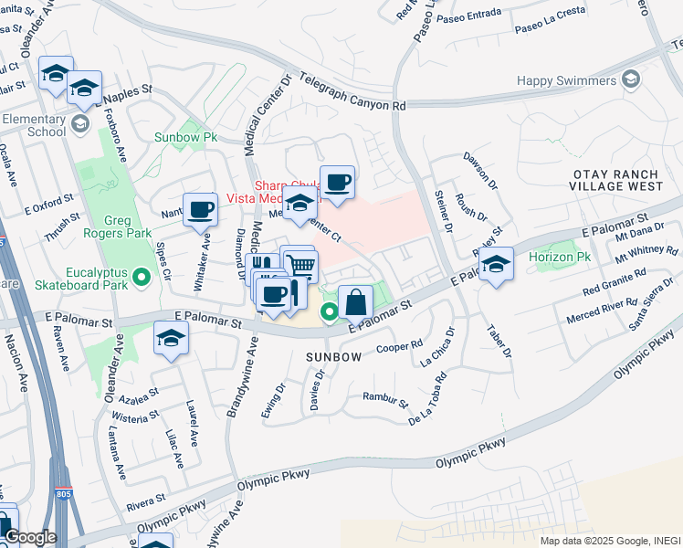 map of restaurants, bars, coffee shops, grocery stores, and more near 1364 Caminito De La Luna in Chula Vista