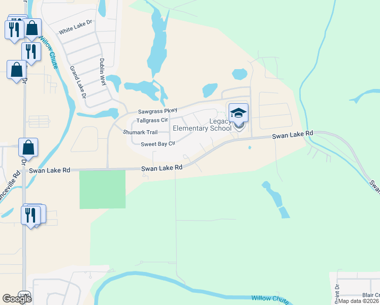 map of restaurants, bars, coffee shops, grocery stores, and more near 3894-5198 West Swan Lake Road in Bossier City