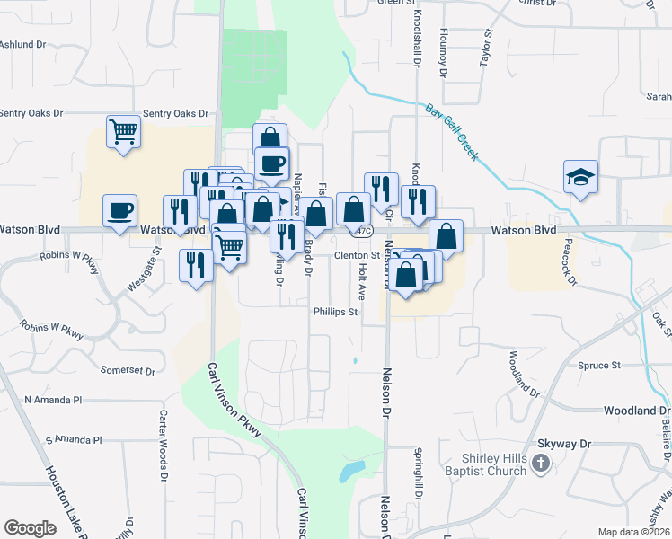 map of restaurants, bars, coffee shops, grocery stores, and more near 211 Brady Drive in Warner Robins