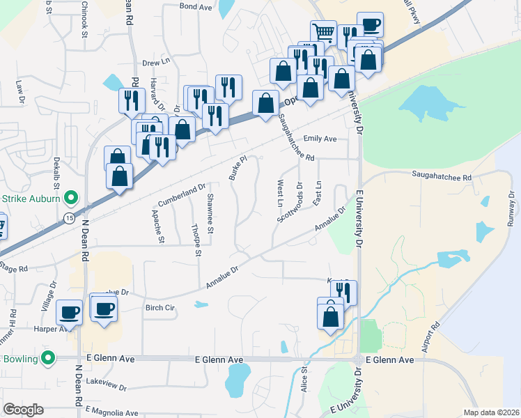 map of restaurants, bars, coffee shops, grocery stores, and more near 1347 Burke Lane in Auburn