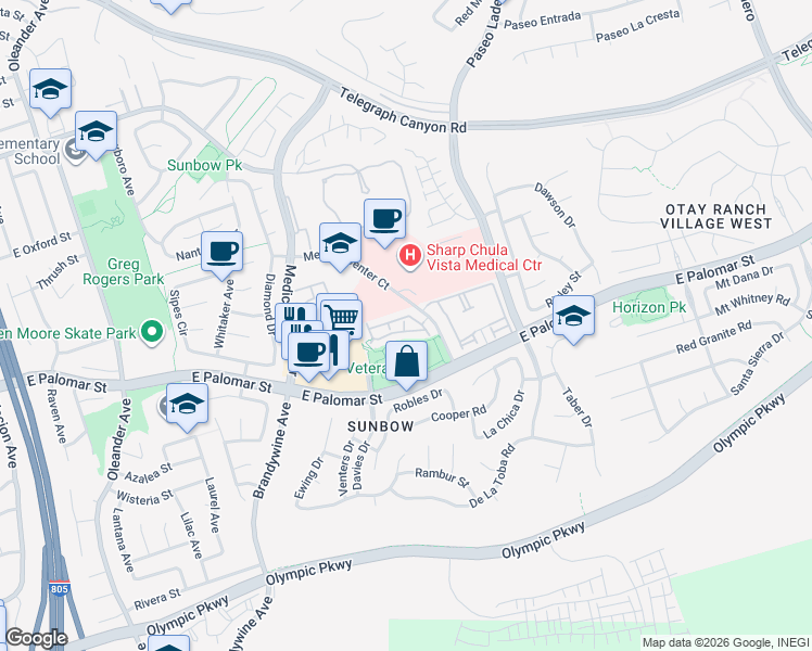 map of restaurants, bars, coffee shops, grocery stores, and more near 747 Caminito Valiente in Chula Vista