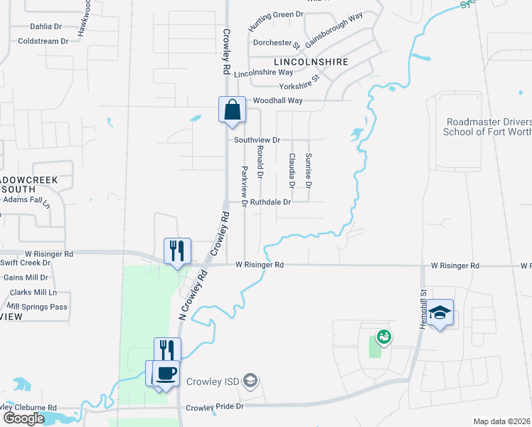 map of restaurants, bars, coffee shops, grocery stores, and more near 9533 Prairieview Drive in Fort Worth