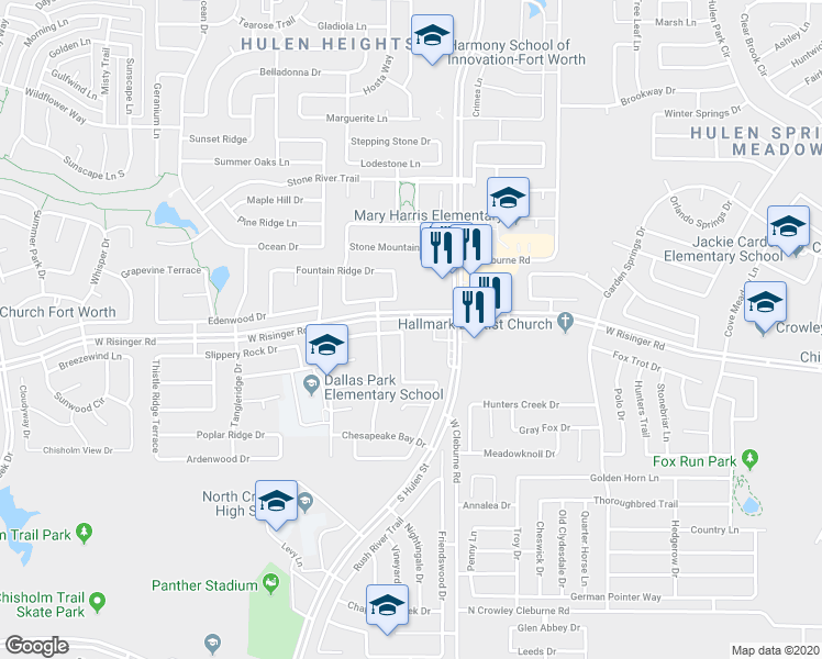 map of restaurants, bars, coffee shops, grocery stores, and more near 8621 Fernhill Drive in Fort Worth