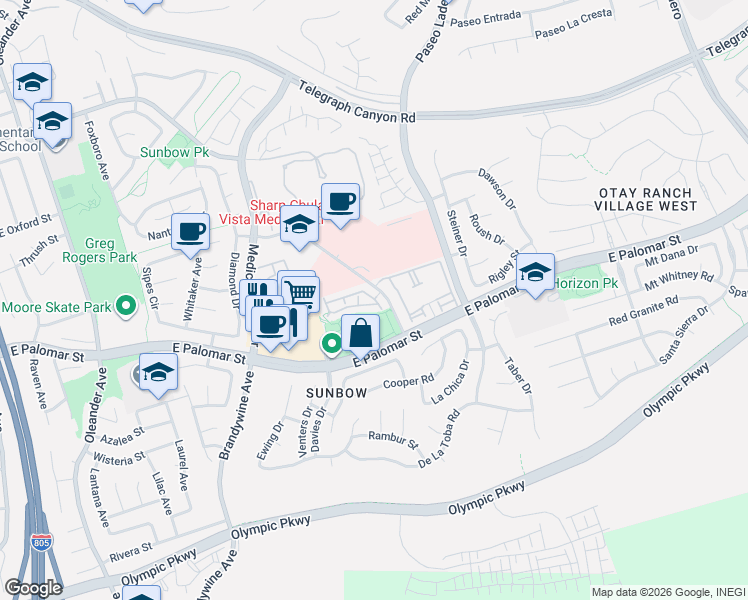 map of restaurants, bars, coffee shops, grocery stores, and more near 747 Caminito Valiente in Chula Vista