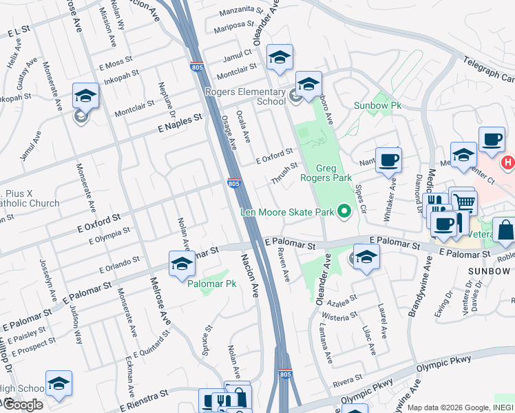 map of restaurants, bars, coffee shops, grocery stores, and more near 1290 Finch Place in Chula Vista