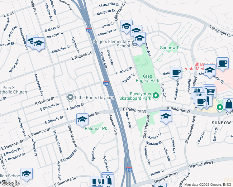 map of restaurants, bars, coffee shops, grocery stores, and more near 1260 Finch Place in Chula Vista