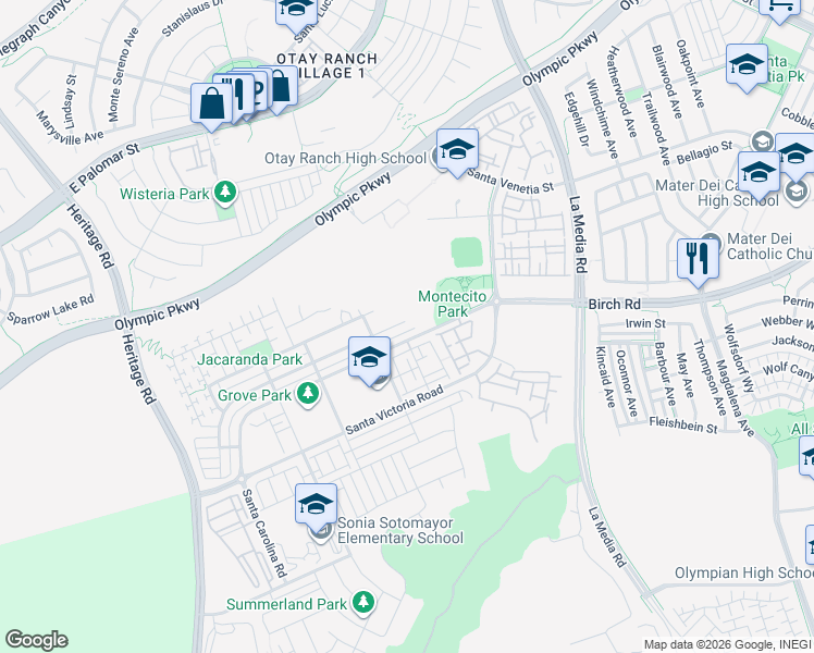 map of restaurants, bars, coffee shops, grocery stores, and more near 1498 Pershing Road in Chula Vista