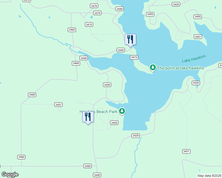 map of restaurants, bars, coffee shops, grocery stores, and more near 1245 County Road 3440 in Hawkins