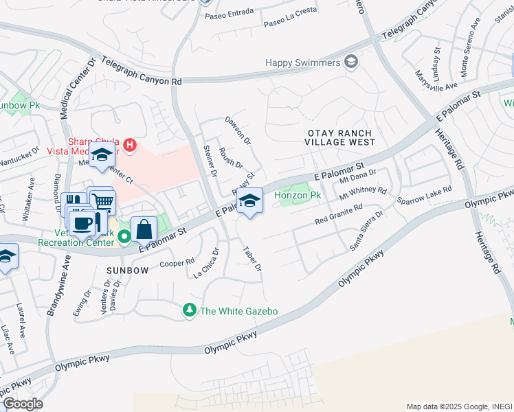 map of restaurants, bars, coffee shops, grocery stores, and more near 930 East Palomar Street in Chula Vista