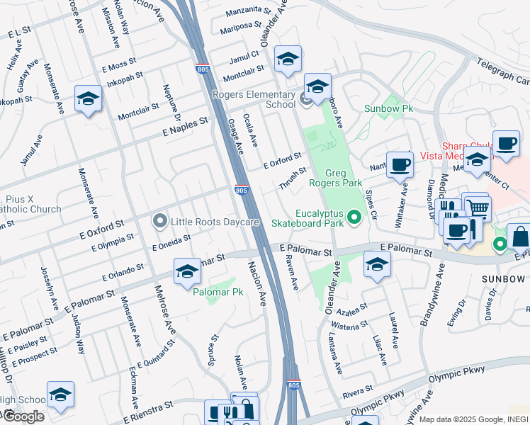 map of restaurants, bars, coffee shops, grocery stores, and more near 1260 Finch Place in Chula Vista