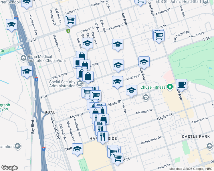 map of restaurants, bars, coffee shops, grocery stores, and more near 540 L Street in Chula Vista