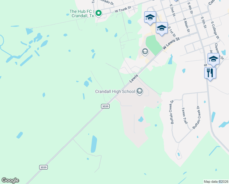 map of restaurants, bars, coffee shops, grocery stores, and more near 13462 Farm to Market Road 3039 in Crandall