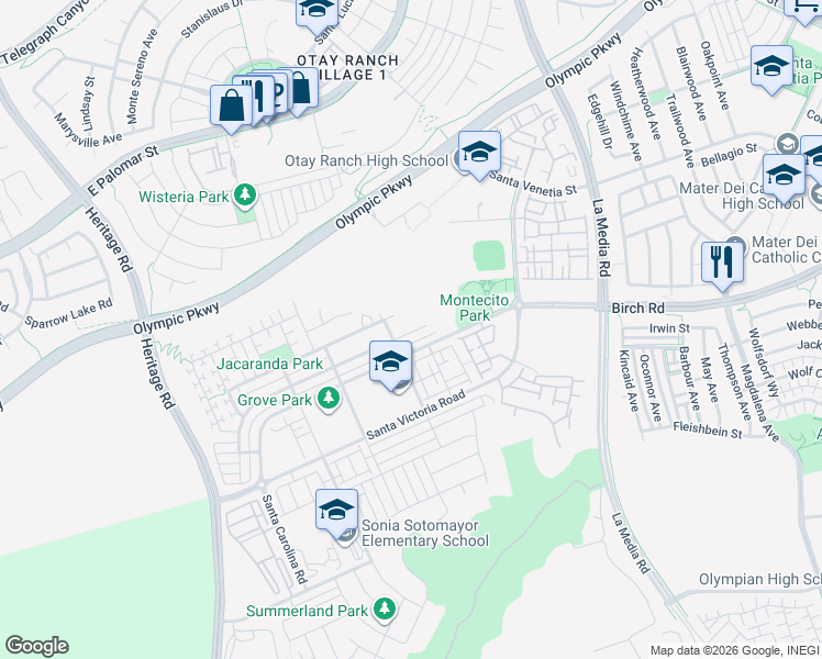 map of restaurants, bars, coffee shops, grocery stores, and more near 1481 Pershing Road in Chula Vista